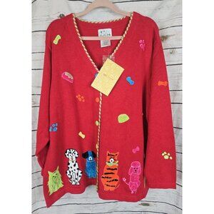 Quacker Factory Red Dog Sweater Cardigan 1X NEW Embellished Button Embroidered